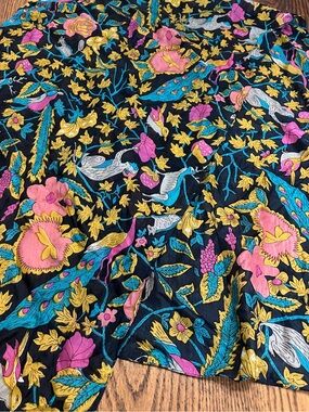 Pure silk Vibrant Floral & Peacock Print - Black Base with Pink, Yellow, scarf